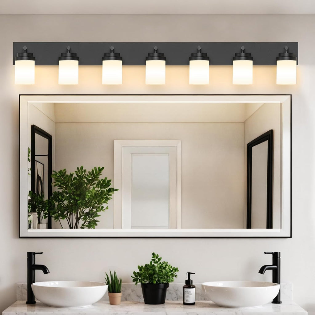 IZORRO Bathroom Vanity Light Fixture, 7-Light 52 inch Matte Black Bathroom Light Fixtures Over Mirror, with White Glass Shade, Modern Farmhouse Vanity Lights, Rustic Restroom Lighting Fixtures