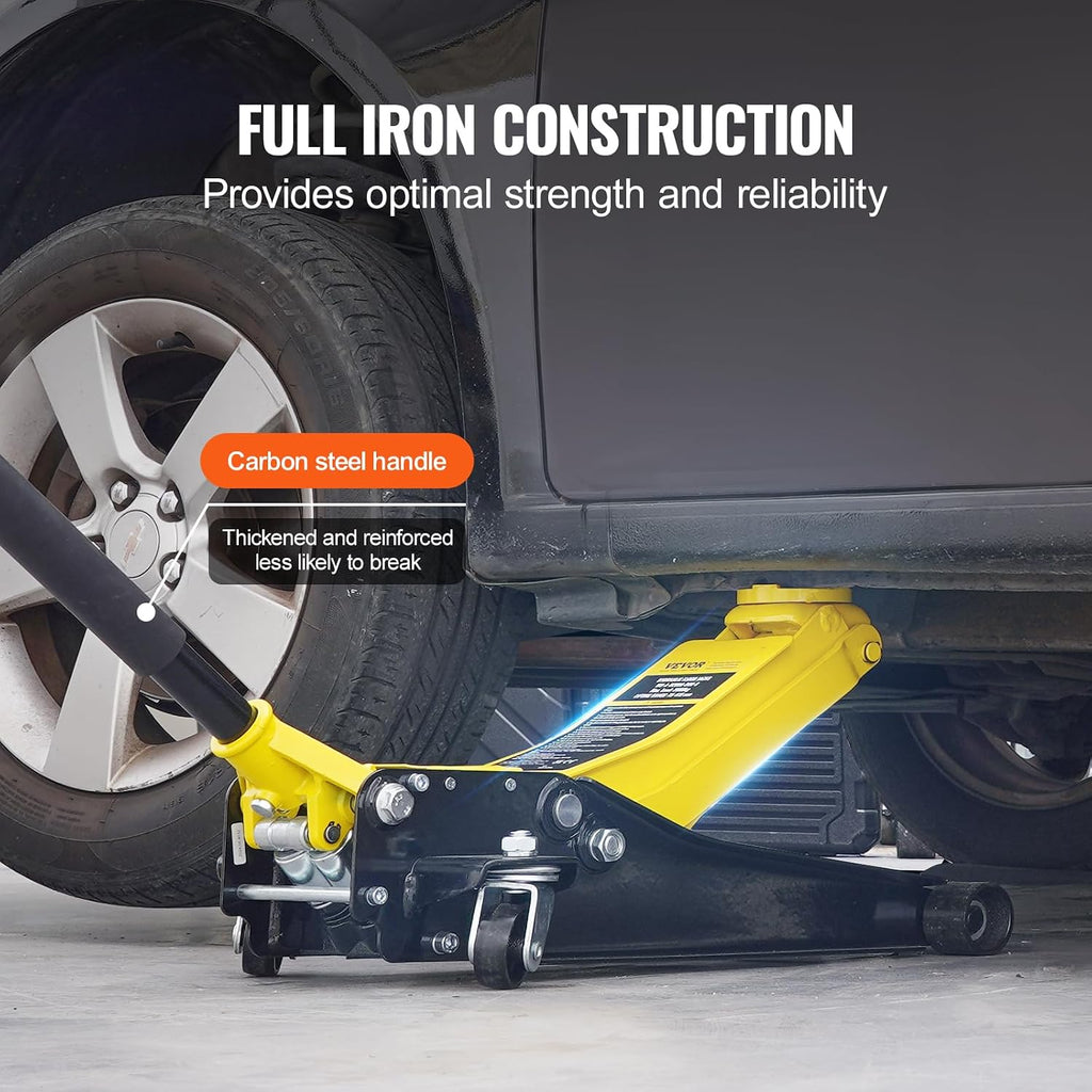VEVOR Low Profile Floor Jack 2 Ton (4400 lbs), Heavy Duty Iron Hydraulic Racing Floor Jack, Hydraulic Car Jack, Dual Piston Quick Lift Pump, 3'-18.5' Height Lifting Range (Yellow)