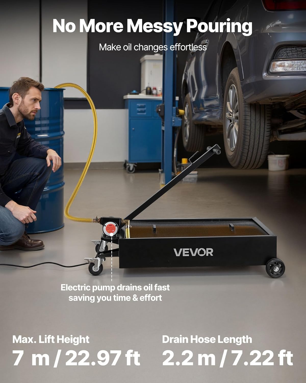 VEVOR Low Profile Oil Drain Pan, 15 Gallon Capacity, Rolling Oil Drain Pan with Electric Pump & 7.2 ft Hose, Leak-Proof & Corrosion-Resistant, Fit for Cars, SUVs, Trucks, Motorcycles, ATVs, Metal