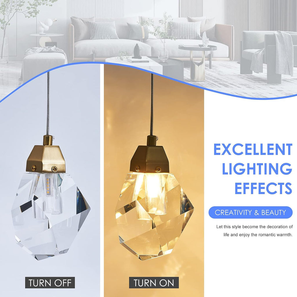 Diamond Crystal Pendant Light, 2 Pack Mini Ceiling Hanging Light in Gold Brushed Brass Finish Prism Crystal Color Changing Led Hanging Light for Kitchen Island Bathroom Bedroom Bar