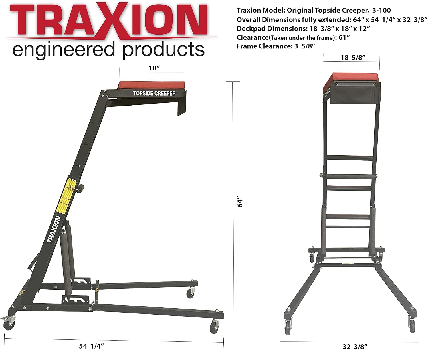 Traxion 3-100 Foldable Topside Automotive Engine Creeper, Red & Black