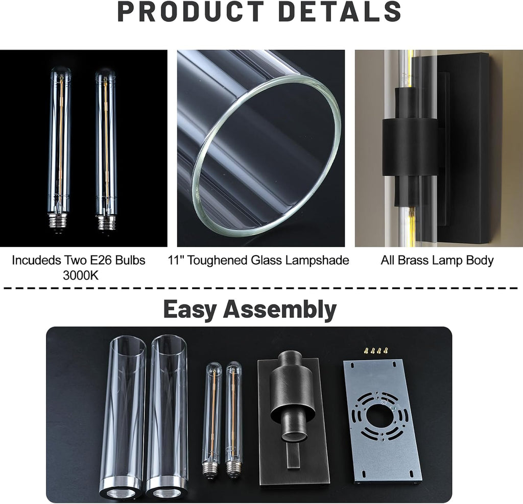Bathroom Black Vanity Wall Sconces, 2-Light Glass Tube Wall Sconces, 24' Sconces Wall Lighting, Horizontal or Vertical Linear Vanity Light,Bathroom Vanity Light,E26 Bulb Included