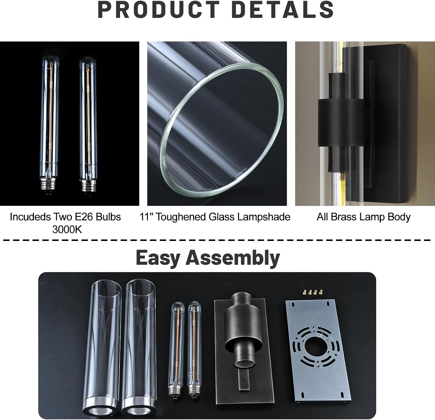 Bathroom Black Vanity Wall Sconces, 2-Light Glass Tube Wall Sconces, 24' Sconces Wall Lighting, Horizontal or Vertical Linear Vanity Light,Bathroom Vanity Light,E26 Bulb Included