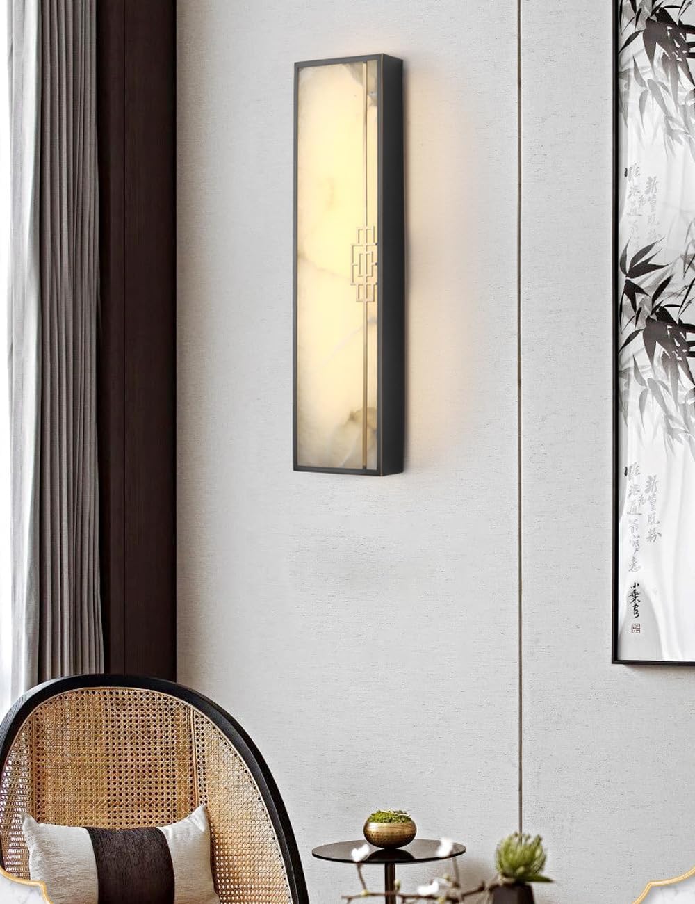 16.5' Alabaster Sconce Set of 2 Marble Stone Wall Sconce Lighting Black Brass Bathroom Light Fixture Square Alabaster Wall Sconce 3-Color Dimming Luxury Indoor Lighting for Living Room Bedroom
