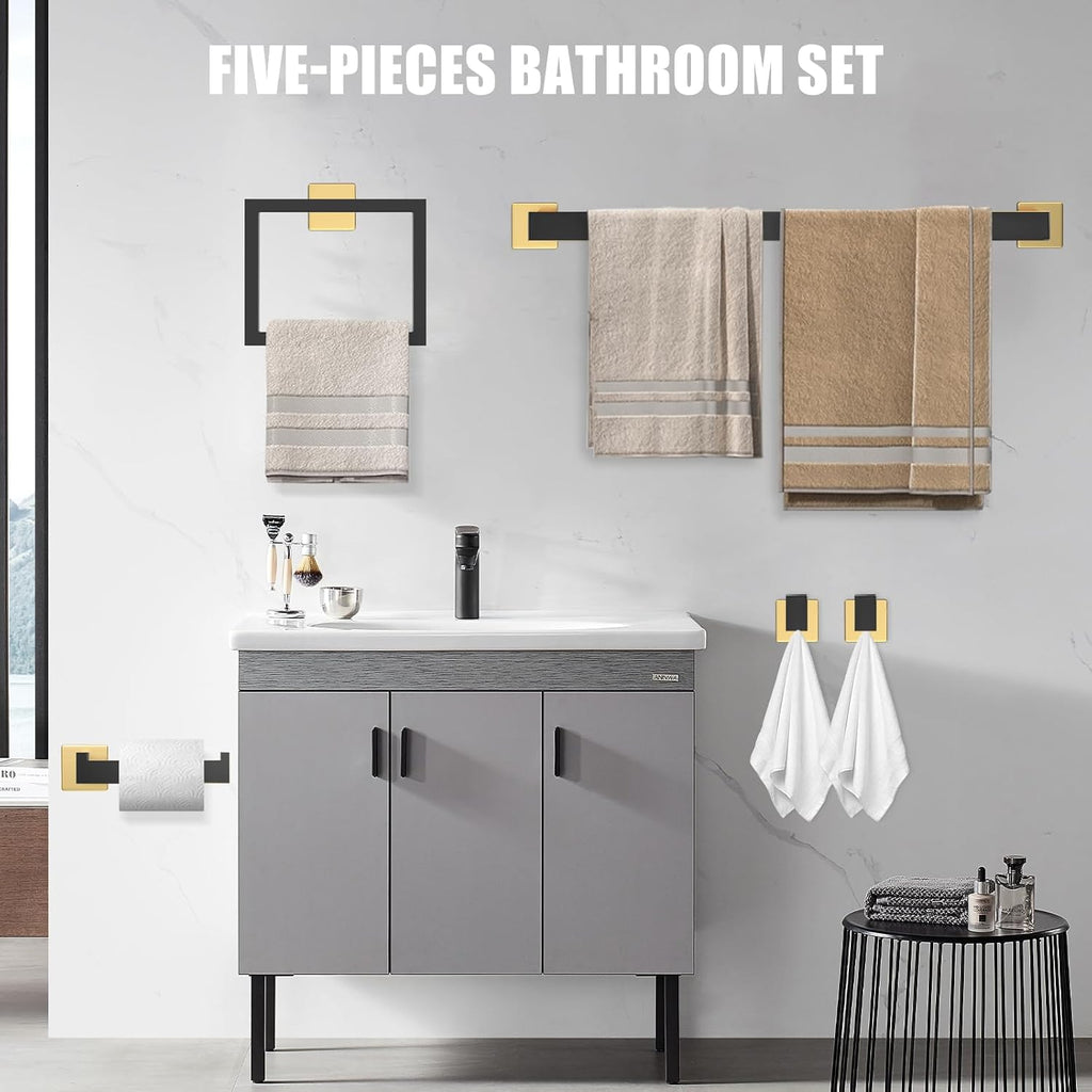 12 Piece Bathroom Hardware Set Black and Gold Square Bathroom Accessories - 2×23 Inch Towel bar, 1×16In Towel bar, 2 × Toilet Paper Holder(1 with Shelf), 2 × Hand Towel Rack and 5 × Towel Hook