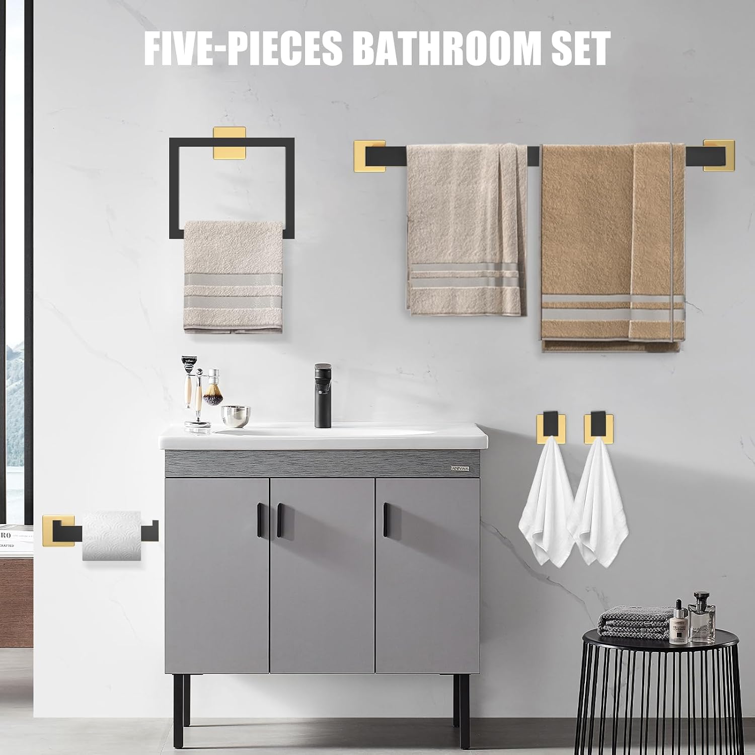 12 Piece Bathroom Hardware Set Black and Gold Square Bathroom Accessories - 2×23 Inch Towel bar, 1×16In Towel bar, 2 × Toilet Paper Holder(1 with Shelf), 2 × Hand Towel Rack and 5 × Towel Hook