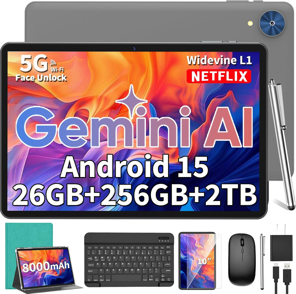 2026 Android 15 Tablet, 10 inch Tablet with Keyboard, 24GB+256GB+2TB Expand, 2-in-1 Tablets with 8-Core, 5G WiFi, 8000mAh, BT5.0, GMS, GPS, Gemini AI, Tablets PC with Mouse, Case, Stylus (Green)