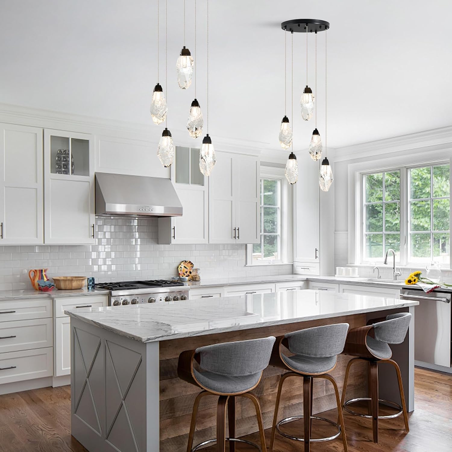 5-Light Modern Crystal Chandelier Dimmable Pendant Light Fixture with Black Teardrop Design Diamond Pendant Lighting for Kitchen Island, Dining Room, Hallway, Bathroom