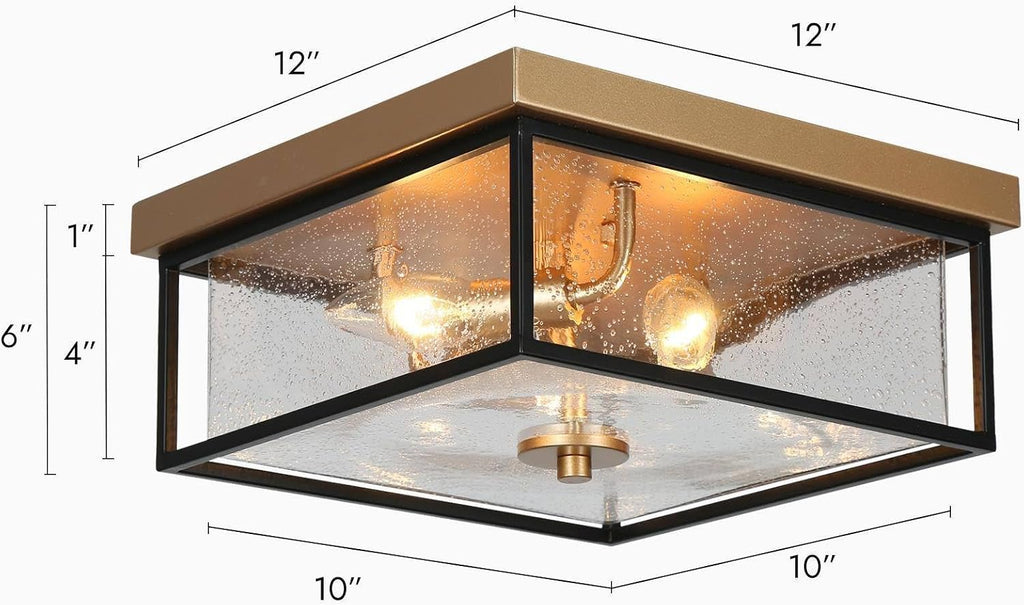 Square Flush Mount Ceiling Light, Black Gold Hallway Light Fixtures Ceiling, Mid-Century Modern 3-Light Close to Ceiling Light with Seeded Glass Shade for Bedroom, Kitchen and Foyer