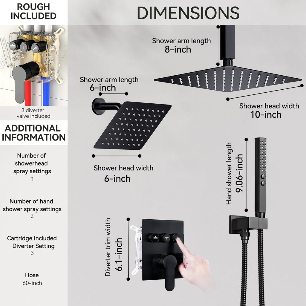 Shower Faucet Set Shower Systems, Push Button Diverter Shower Set for Two People,10'+6' Ceiling Mount Dual Rain Shower Heads with 2-in-1 Handheld Spray, Matte Black Shower Faucet Trim Kit