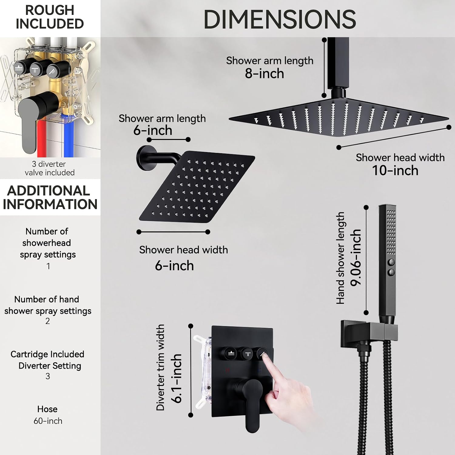 Shower Faucet Set Shower Systems, Push Button Diverter Shower Set for Two People,10'+6' Ceiling Mount Dual Rain Shower Heads with 2-in-1 Handheld Spray, Matte Black Shower Faucet Trim Kit