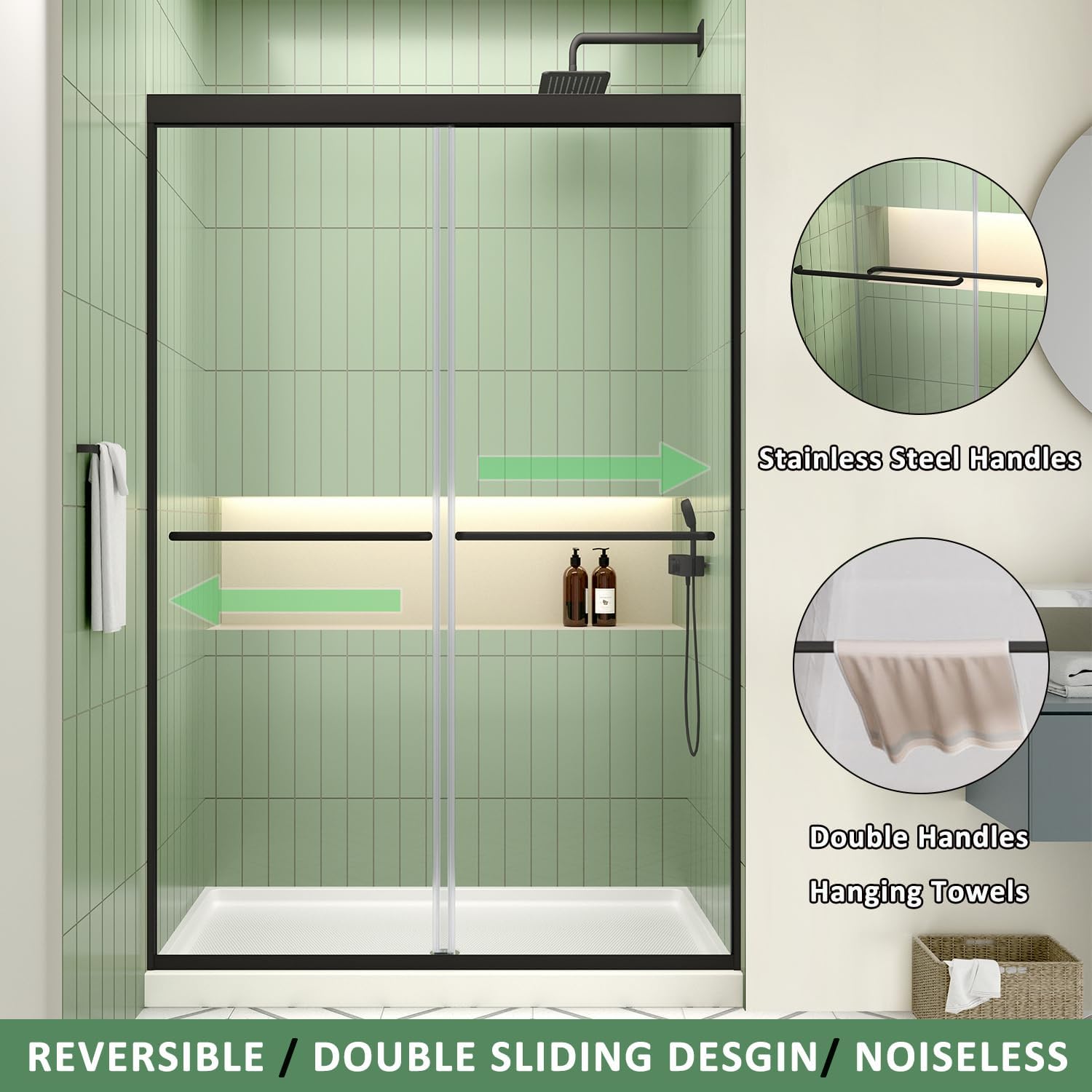 ACE DECOR 56-60' W x 70' H Semi-Frameless Shower Door, Double Sliding Shower Door with 1/4' (6mm) Clear SGCC Tempered Glass, Matte Black Finish Shower Doors, Reversible Installation