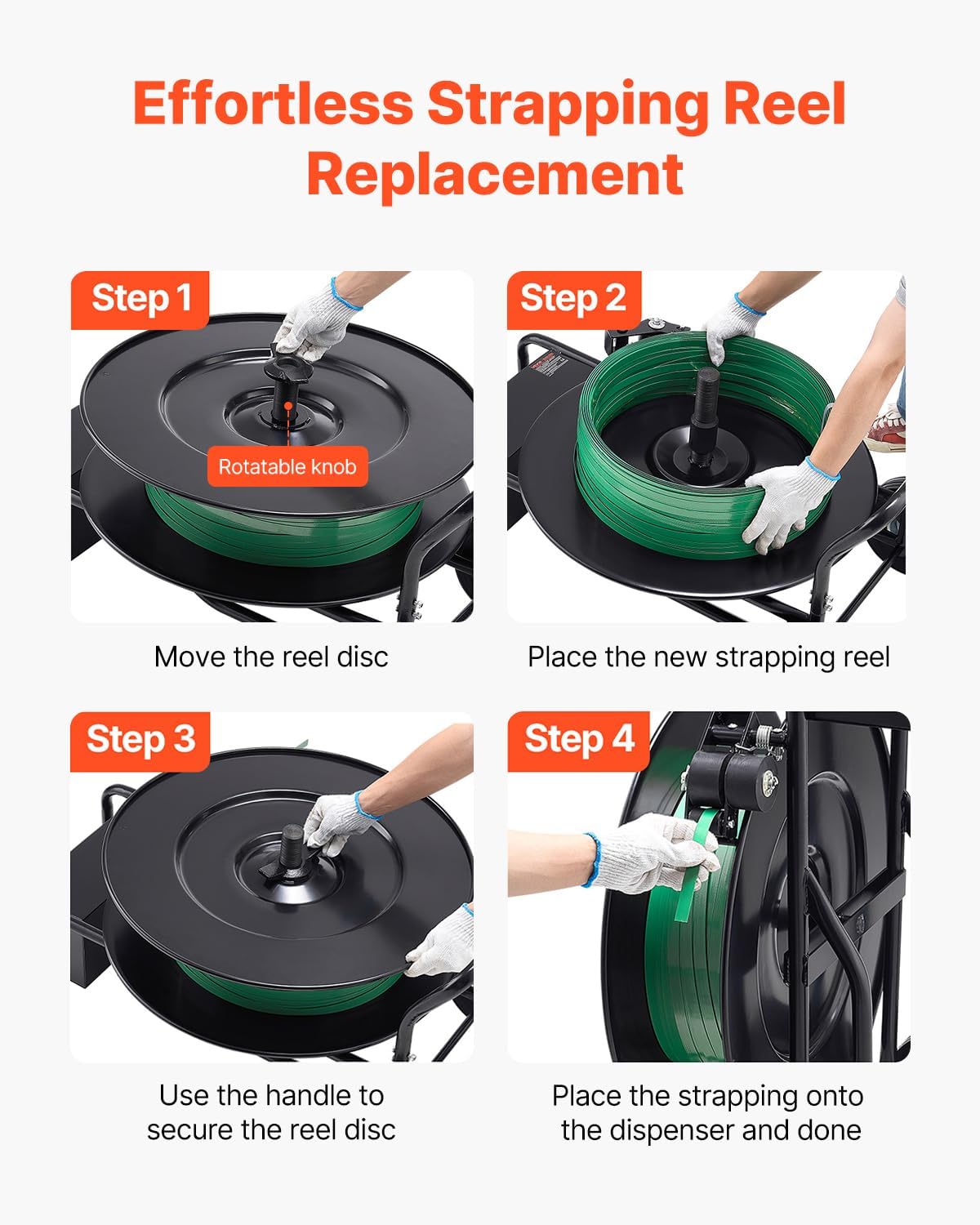 VEVOR Banding Strapping Cart, for PET/PP Coils with 8' or 16' Core, Heavy Duty Strapping Dispenser with Upgrade Drum Brake System, Rubber Wheels and Built-in Spacious Tool Tray, 110 lbs Capacity