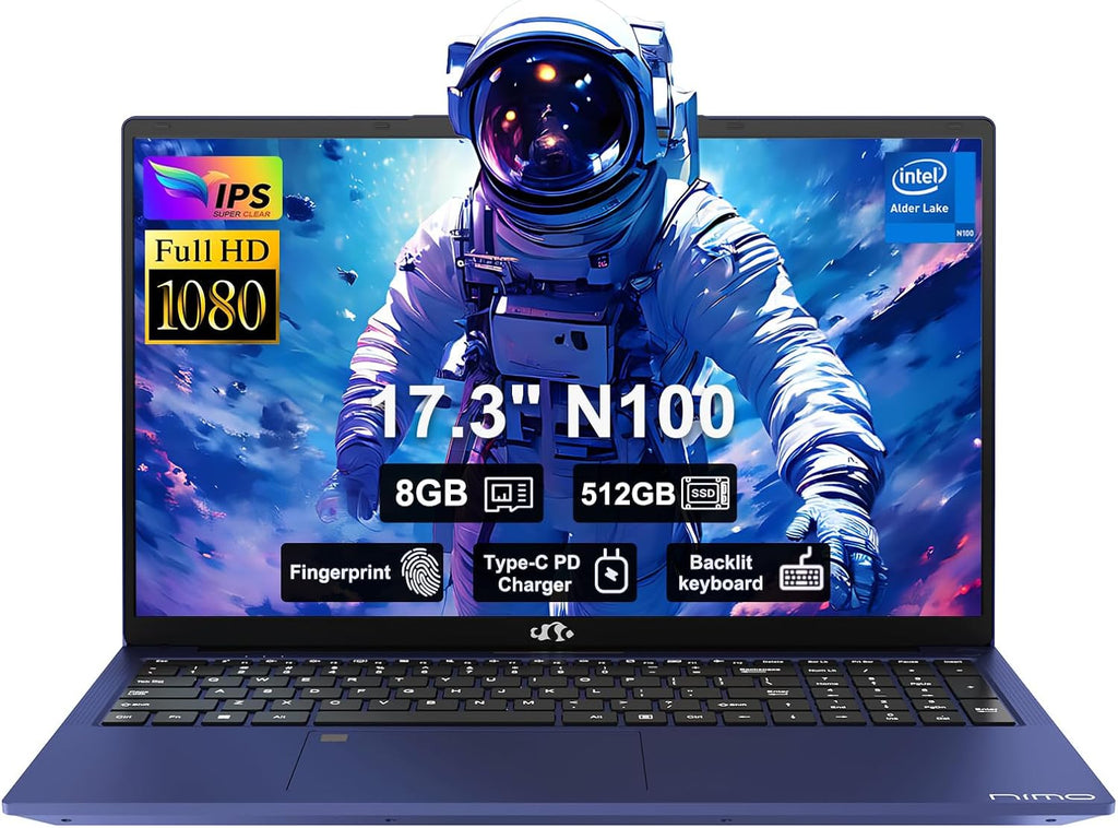 NIMO 17.3' FHD IPS Student-Laptop-Computer - 8GB RAM 512GB SSD Intel Pentium N100(Beat to i3-1115G4, 4 Cores Up to 3.4GHz), 65W Type-C, 2 Years Warranty, Fingerprint, Backlit Keyboard, Wi-Fi 6, BT5.2