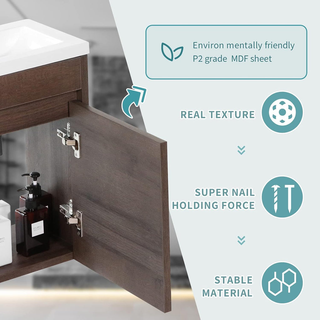 wonline 16' Bathroom Vanity Sink Combo for Small Space Wall Mounted Cabinet Set Design White Resin Basin Sink Top Chrome Faucet Wood Color