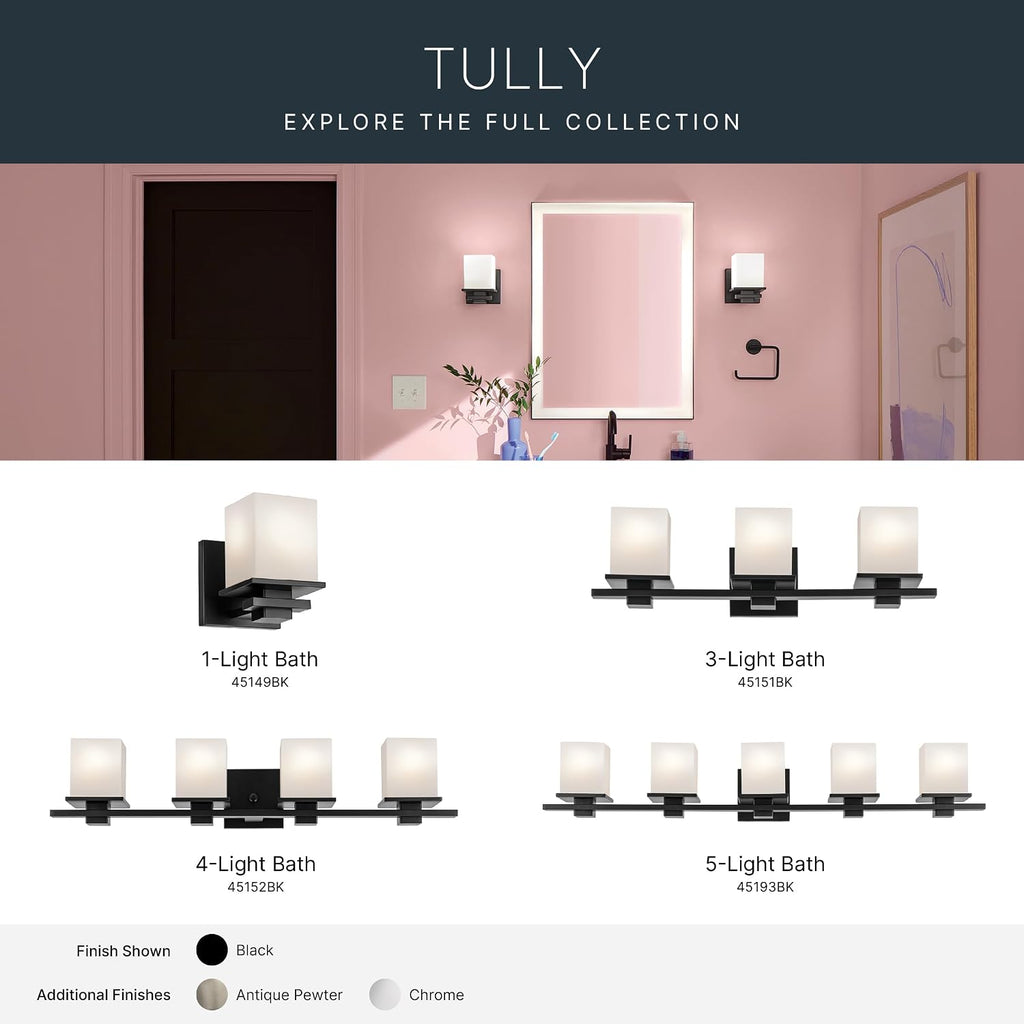 Kichler Tully 24' 3-Light Bathroom Vanity Light Fixture with Satin Etched Cased Opal Glass in Black for Over Mirror, Soft Modern Style (24' x 6.5' x 7'), 45151BK
