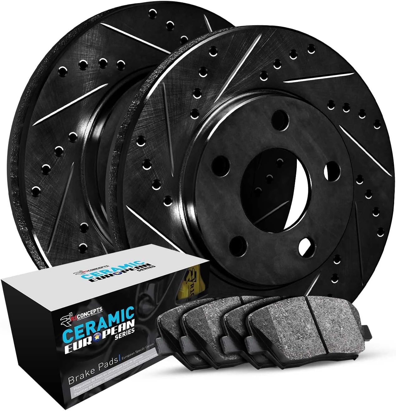 R1 Concepts Front Brake Kit Fits 2019-2025 Audi Q3; 2018-2024 Volkswagen Tiguan; 2019-2023 Volkswagen Arteon| Euro Ceramic Brake Pads and Drilled Slotted Brake Rotors| 13.4' Front