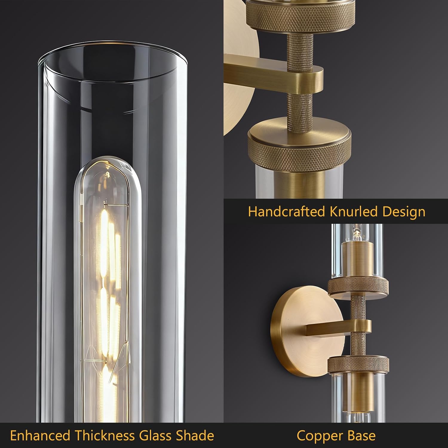 Bathroom Sconces Set of Two, 30 inch Wall Sconce Knurled Bathroom Wall Sconces with Tube Glass,Gold Sconces Wall Lighting Vanity Sconce for Bedroom,Living Room,Hallway, Staircase(E26 Bulb Include)