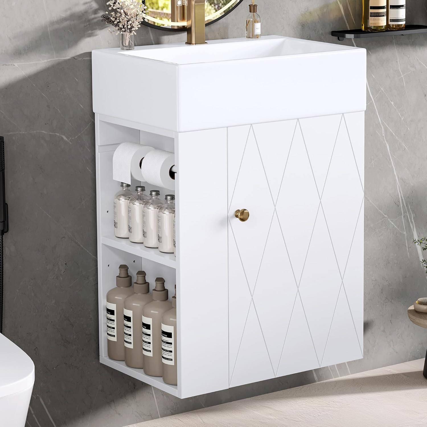 20-inch Bathroom Vanity with Sink Combo, Wall-Mounted Single Storage Cabinet with One Cabinet & Left 2-Tier Storage Shelves, Wooden Vanity with Ceramic Basin for Bathroom, White
