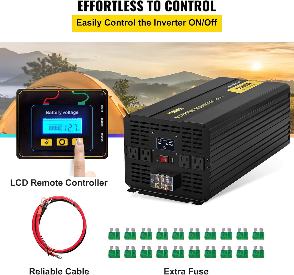 VEVOR Power Inverter, 5000W Modified Sine Wave Inverter, DC 12V to AC 120V Car Converter, with LCD Remote Controller, LED Indicator, AC Outlets Inverter for Truck RV Car Boat Travel Camping Emergency