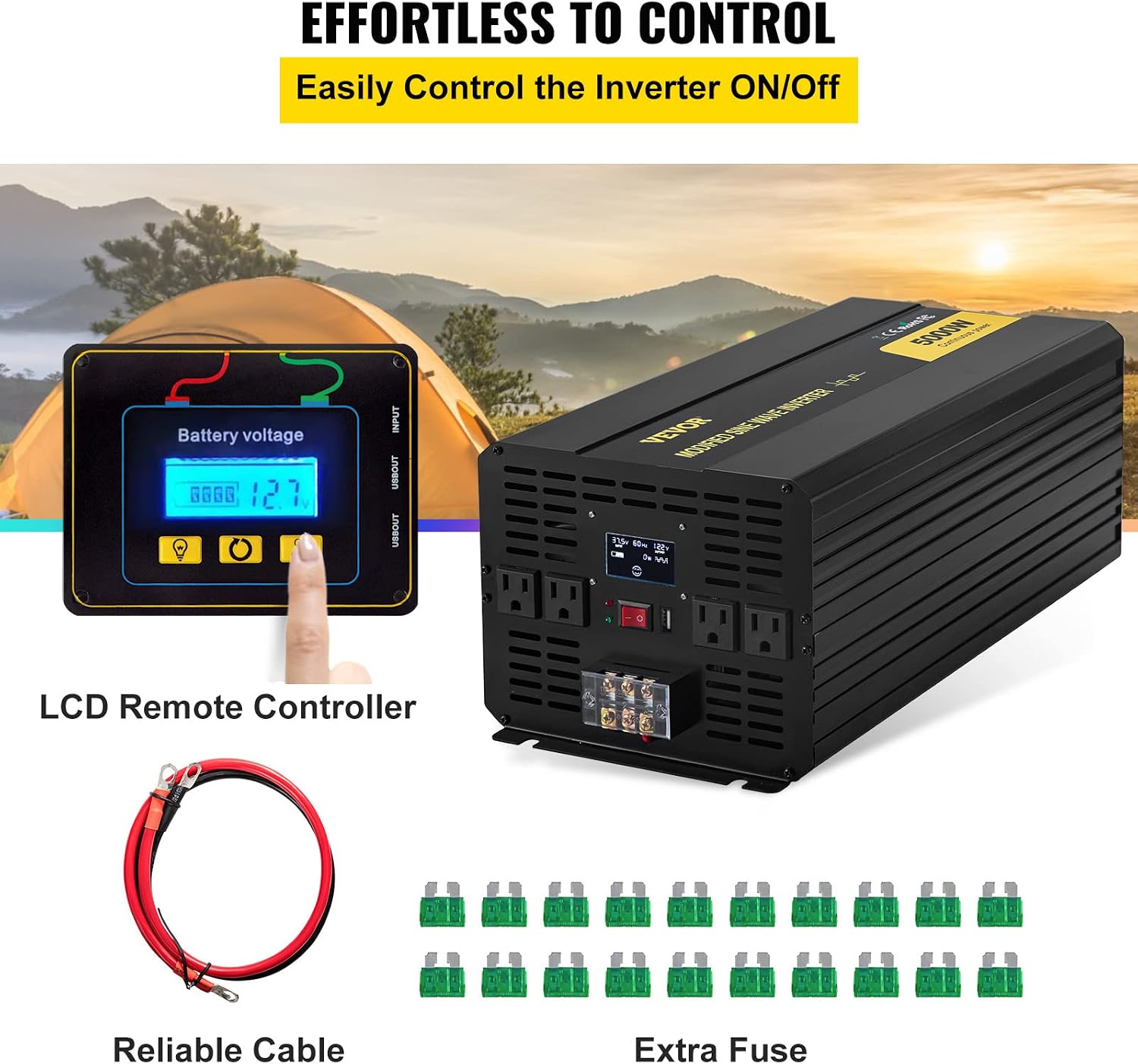 VEVOR Power Inverter, 5000W Modified Sine Wave Inverter, DC 12V to AC 120V Car Converter, with LCD Remote Controller, LED Indicator, AC Outlets Inverter for Truck RV Car Boat Travel Camping Emergency