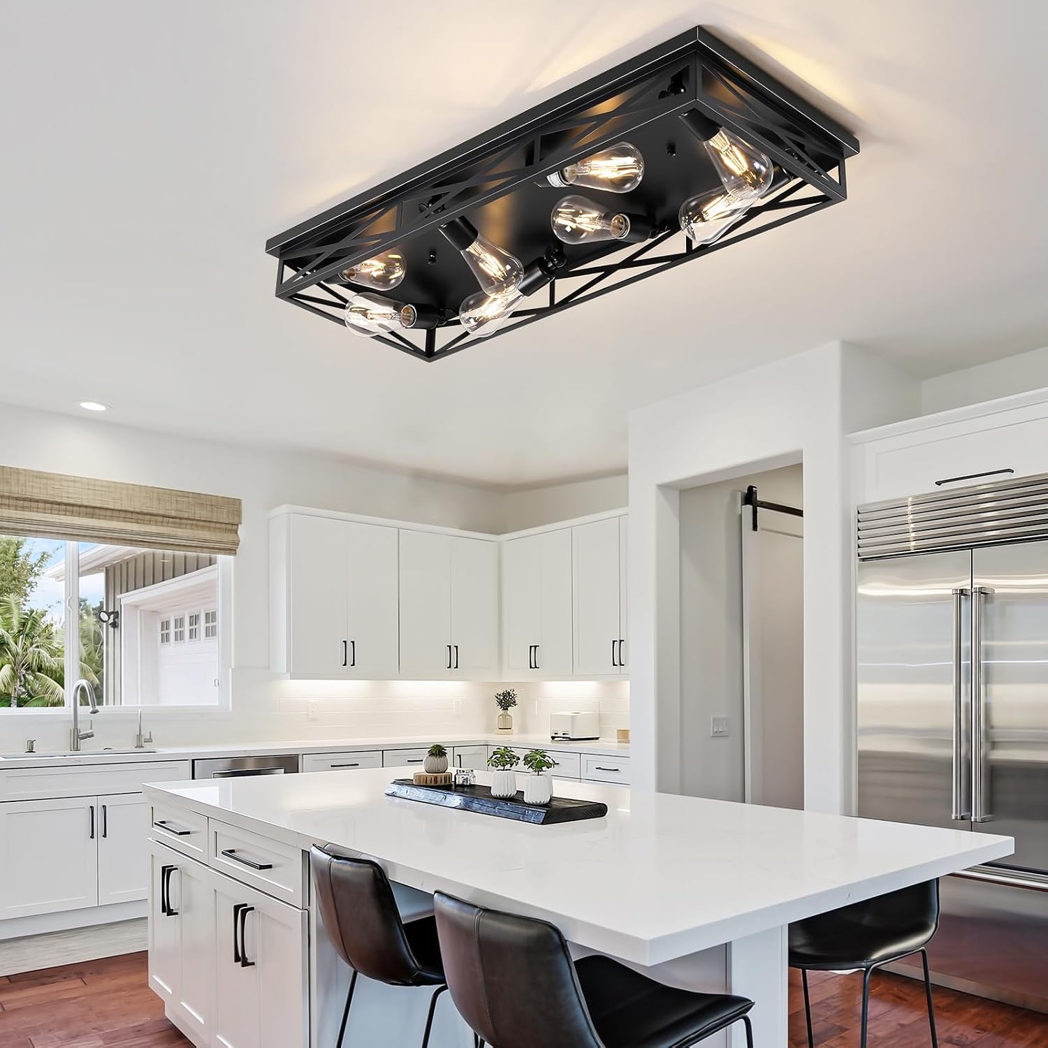 8-Light Large Flush Mount Ceiling Light Fixture, 31' Black Hallway Light, Metal Cage Closed to Ceiling Mounted Lights, Farmhouse Flush Mount Light Fixture for Bedroom Kitchen Hallway Entryway