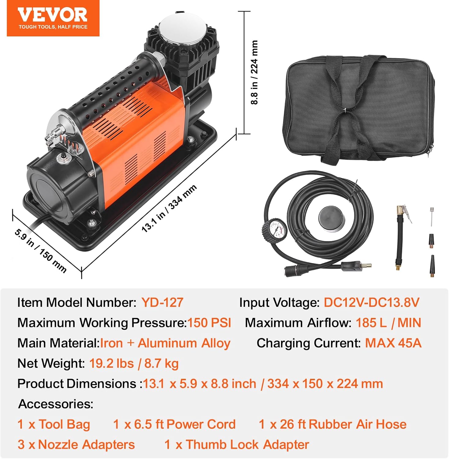 VEVOR 12V Portable Tire Inflator, 7.06CFM Heavy Duty Air Compressor, 150PSI Offroad Air Pump with Adapters for Car SUV RV Truck - Include 6.5FT Power Cord, 26FT Air Hose with Pressure Gauge, Carry Bag