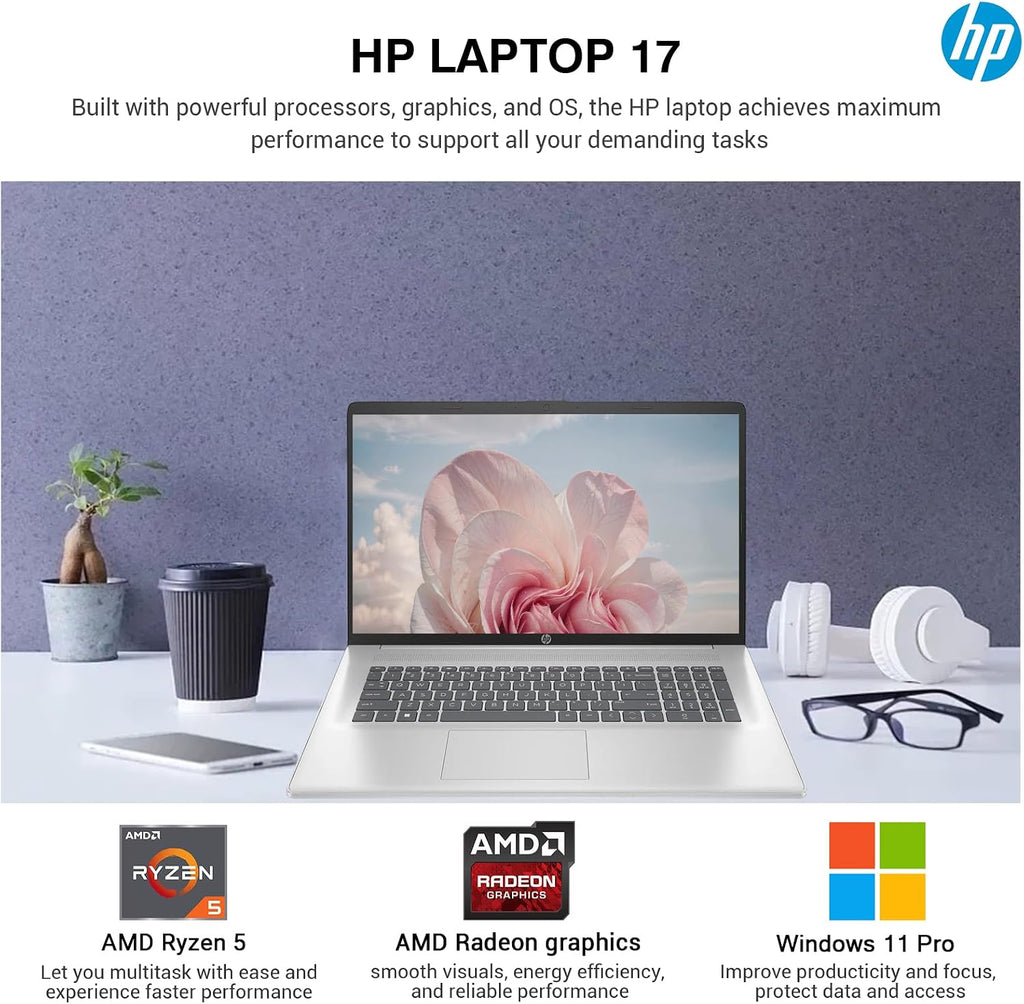 HP 17 Inch Laptop Computer, 17.3 IPS FHD Business Laptop PC, AMD Ryzen 5 (6-Core), Windows 11 Pro | 10-Key Number Pad | Wi-Fi 6 | 32GB RAM 1TB Storage