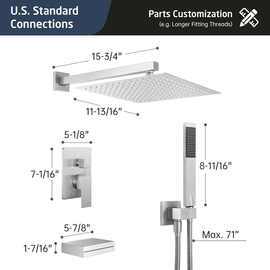 KES Shower Faucet Set, Rain Shower System, Bathtub Faucet, Tub and Shower Faucet Combo, 12 Inch Rain Shower Head System with Handheld and Waterfall Tub Spout, Polished Chrome, XB6305F18S12-CH