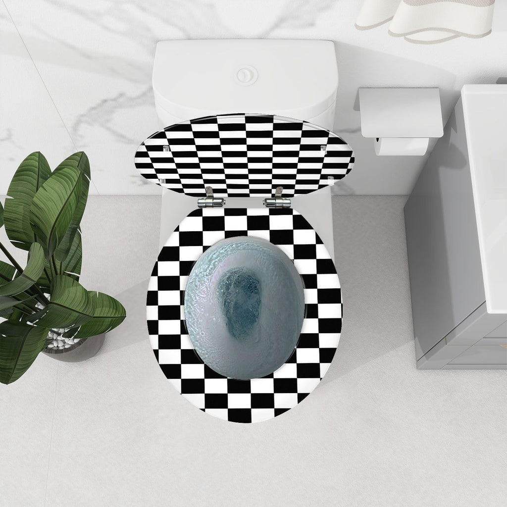 Round Toilet Seat Checkerboard black white for checkers chess featuring square pattern Resin Toilet Seat Quietly Close Quick Release Hinges with Cover Bumpers Decorative Easy to Install Clean