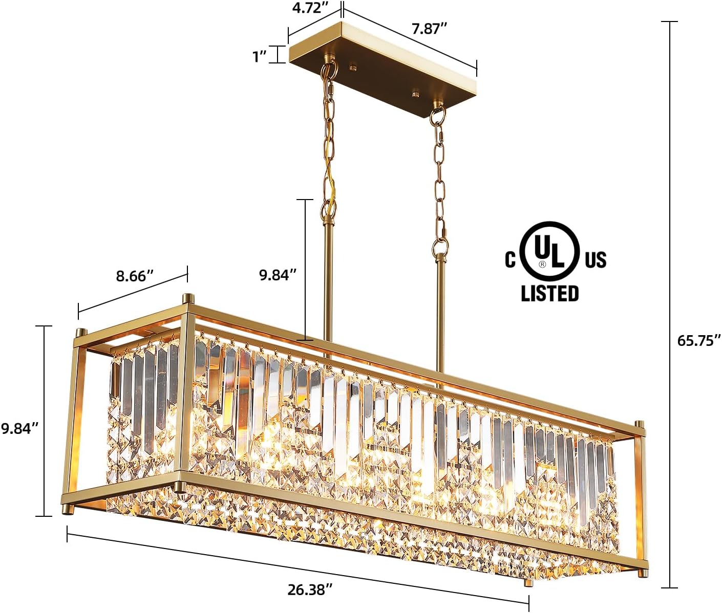 Q&S Modern Crystal Chandelier,Gold Rectangular Chandelier 6-Light,Luxury K9 Crystal Pendant Light for Dining Room Kitchen Island Bar Pool Table Hotel Office UL Listed