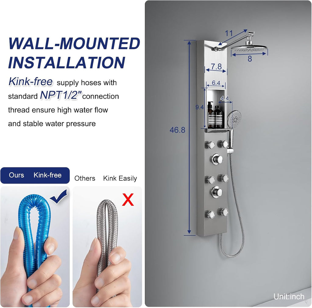 ROVATE Shower Panel Tower System with Shelf, Adjustable Shower Arm, Brushed Shower Tower with 6 Body Jets, Self-Cleaning Rainfall Showerhead & Handheld, Powerful Shower Column Stainless Steel