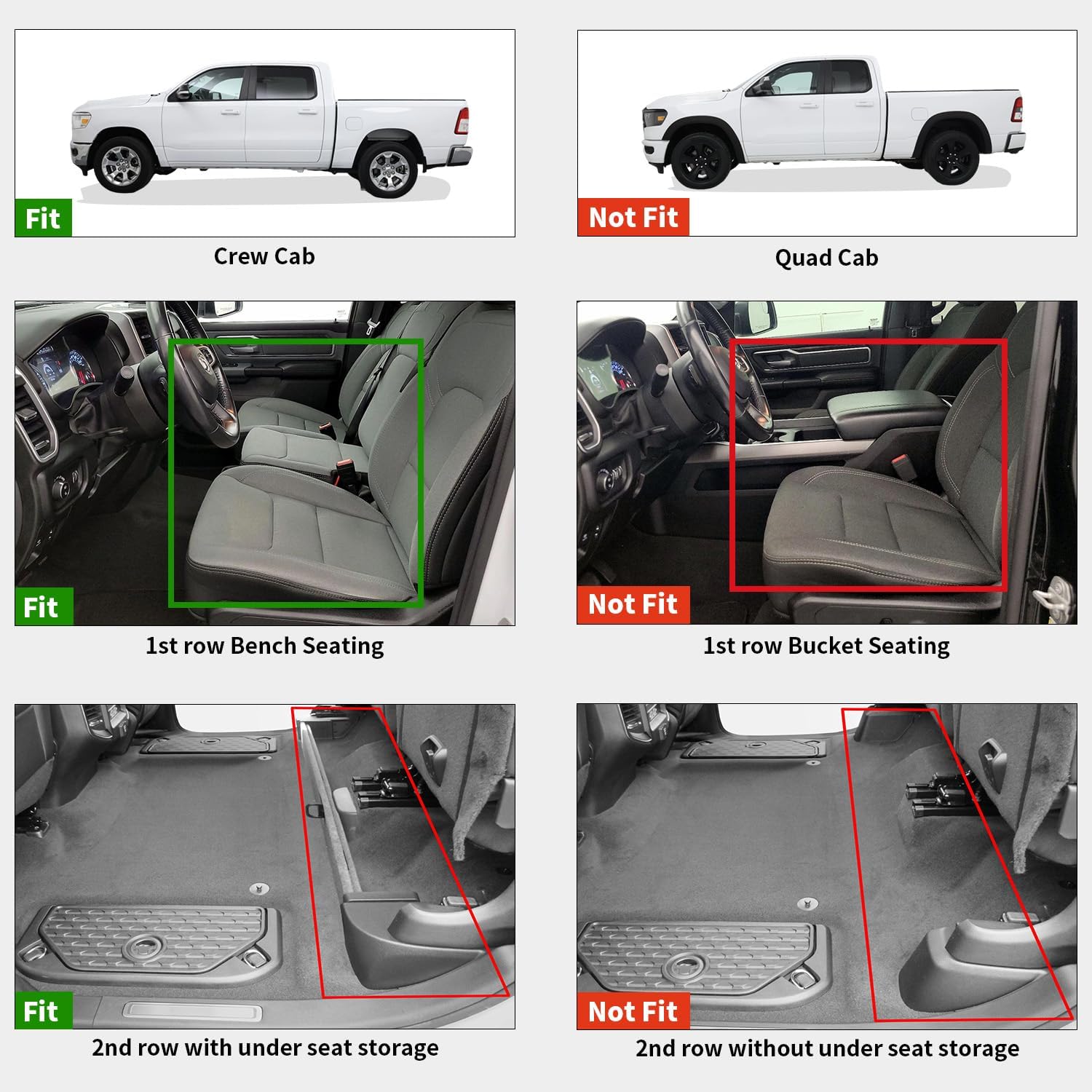 LASFIT Floor Mats for Ram 1500 Crew Cab 2019-2024 Bench Seat (NOT for Bucket/Classic Model/Quad Cab) with Rear Under-Seat Storage 4 Full Size Doors, All Weather TPE Custom Fit 1st & 2nd Row, Black