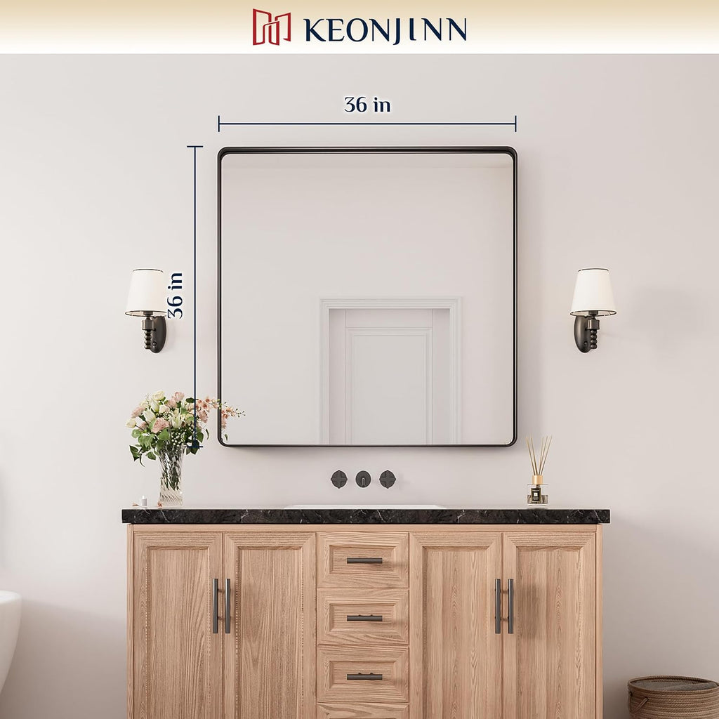 Keonjinn Black Bathroom Mirrors for Over Sink, 36 x 36 Inch Large Square Mirrors for Wall, Rounded Rectangle Matte Black Farmhouse Vanity Mirror, HD Tempered Glass Modern Mirror(Horizontal/Vertical)