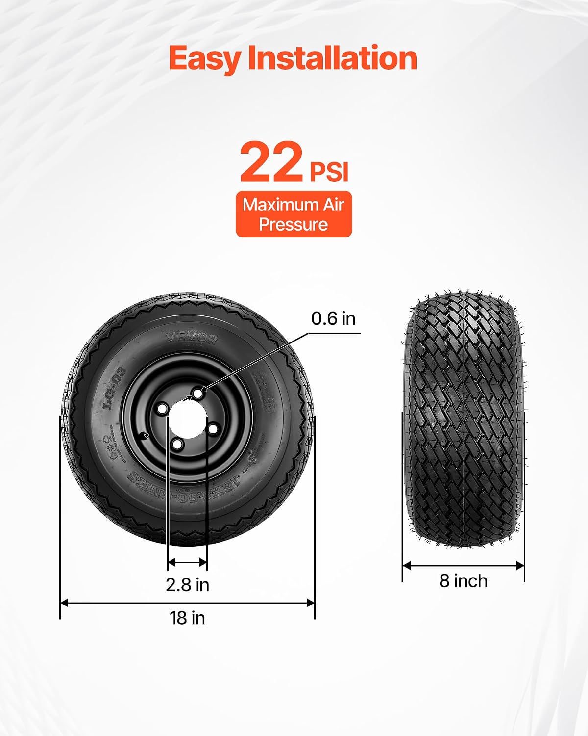VEVOR Golf Cart Wheels, 8' 18x8.50-8 Black Steel Golf Cart Tires and Wheels Combo (Set of 4) Fit Club Car, EZGO, Yamaha, 4 Ply Rubber 4-Lug Lawn Mower Tires & Rims Assembly, 800 lbs Load, All-Terrain