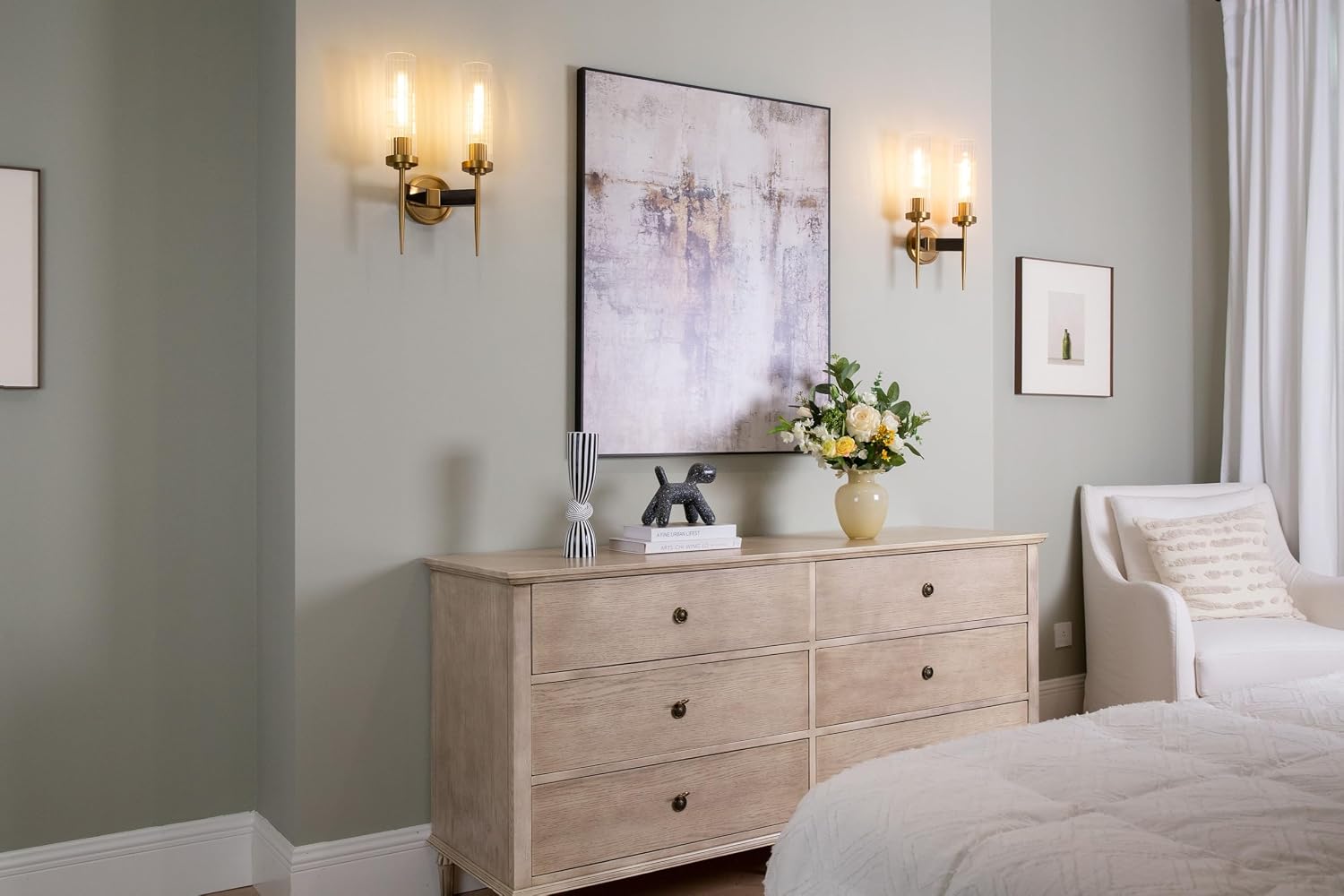 PERMO wall sconces 2 Lights Glod Wall Light Fixtures with 2.8' Cylindrical Clear Glass Shade Brass Double sconces for Living Room Bathroom Corridor Mirror Bedroom