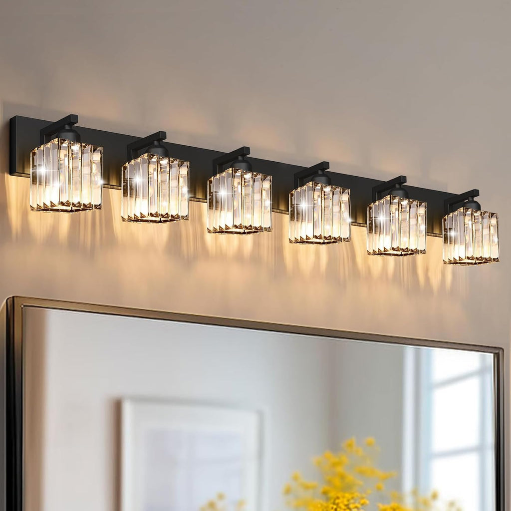 Black Crystal Bathroom Vanity Light, 6-Light Modern Bathroom Lighting Fixtures Over Mirror, Matte Black Wall Sconce Light Fixtures with Square Shade