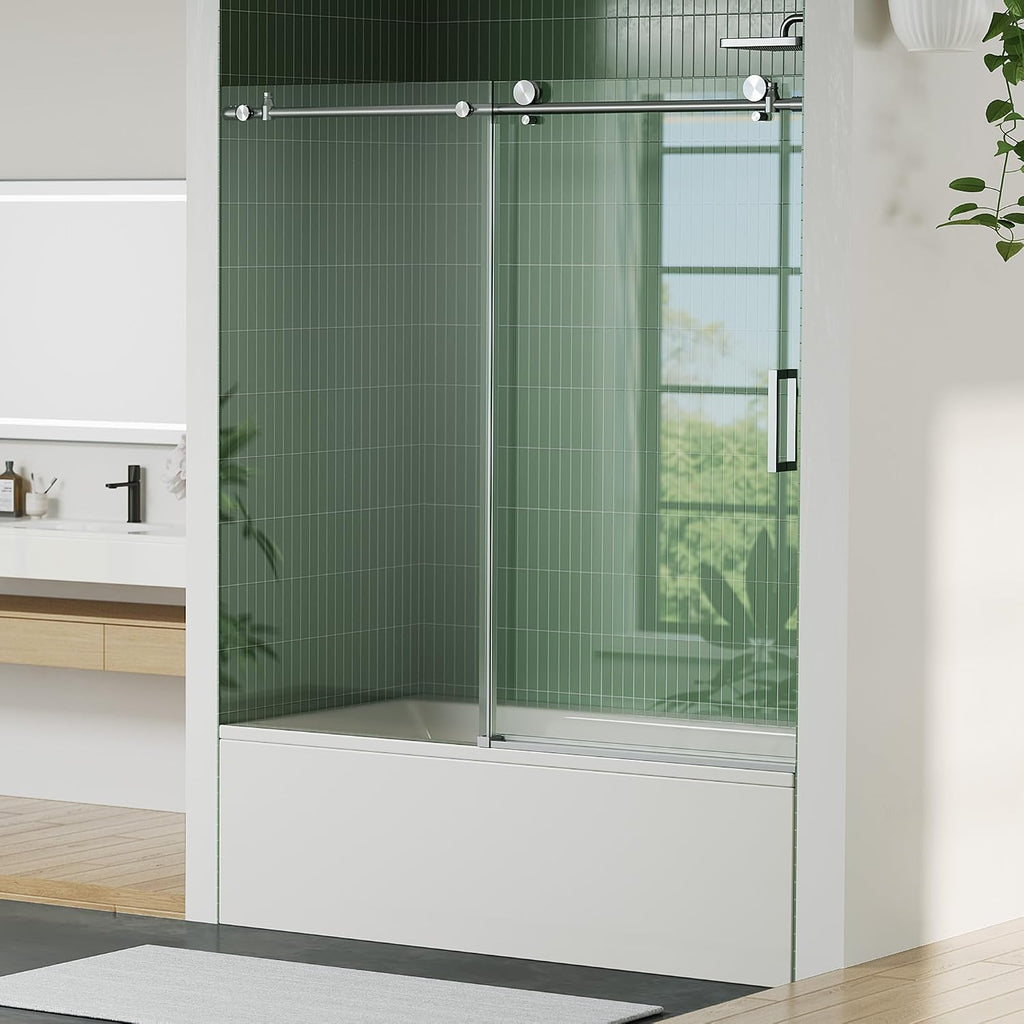 Frameless Bathtub Shower Door 56–60 inch W × 59 inch H, Sliding Tub Door with Fixed Panel, 8mm Tempered Glass, Stainless Steel Round Rail, Adjustable Shower Door for Bathroom