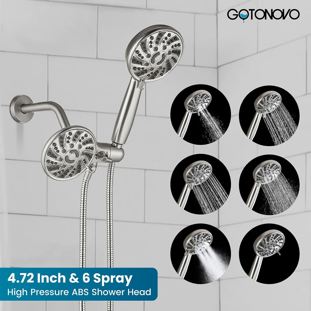 gotonovo Tub Shower Faucet Set Bathroom Shower Head Kit High Pressure Bathtub Shower Faucet 6 Modes ABS Handheld Spray Valve and Shower Trim Kit Shower Head and Handle Set Brushed Nickel