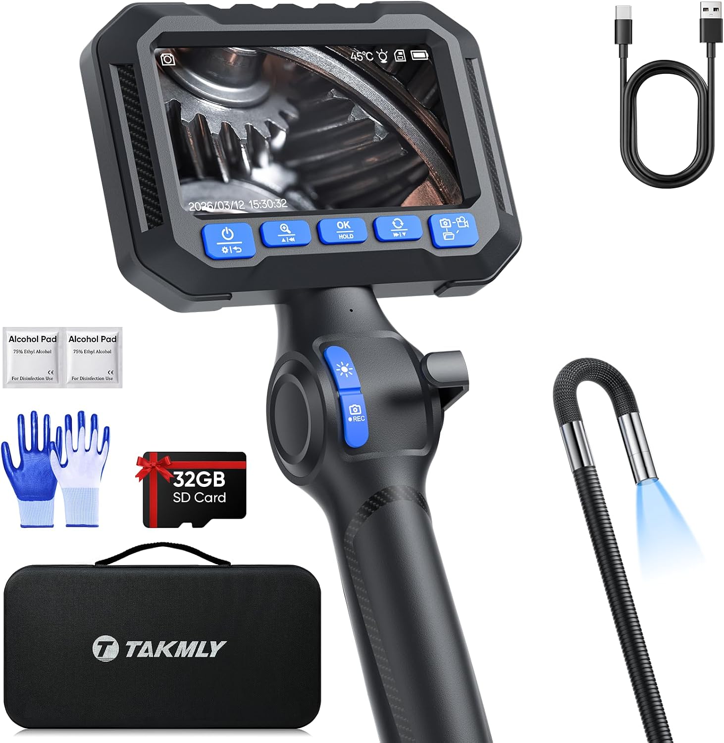 T Takmly Two-Way Articulating Borescope with Light, 210° Steerable 1080P Endoscope Camera, 0.23inch Semi-Rigid Snake Scope, 4.3' IPS Screen, 32GB, 5.5FT for Automotive Engine HVAC Wall Mechanics
