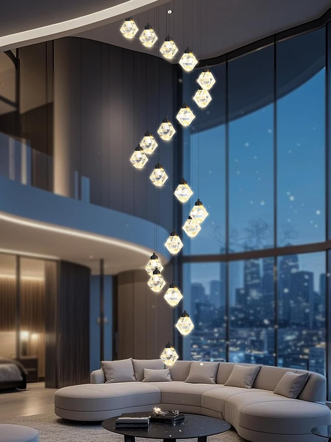20-Light Chandelier Staircase Chandeliers for High Ceilings Crystal Chandeliers for Living Room Black Pendant Light Fixture Dimmable LED Hanging Light with Remote
