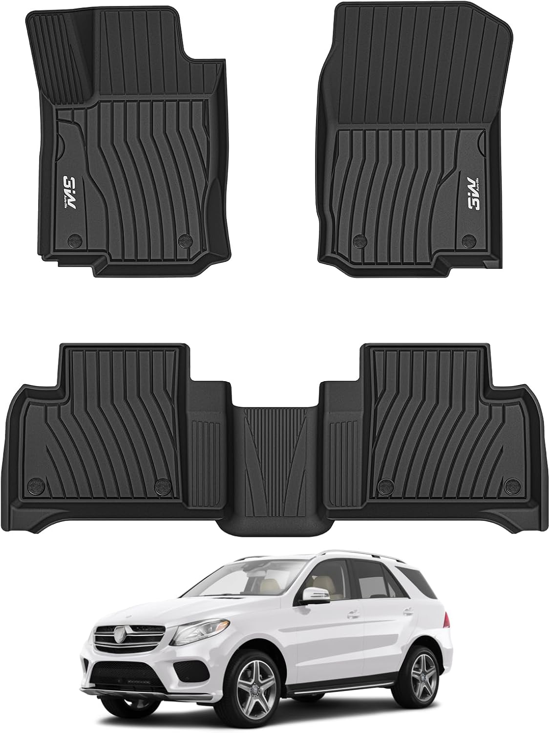 3W Floor Mats for 2012-2019 Benz ML/GL/GLE/GLS Series (ML/GL/GLE/GLS 350/450/550/63 AMG), TPE All Weather Custom Fit Floor Liner for 1st and 2nd Row Full Set Car Mats, Black