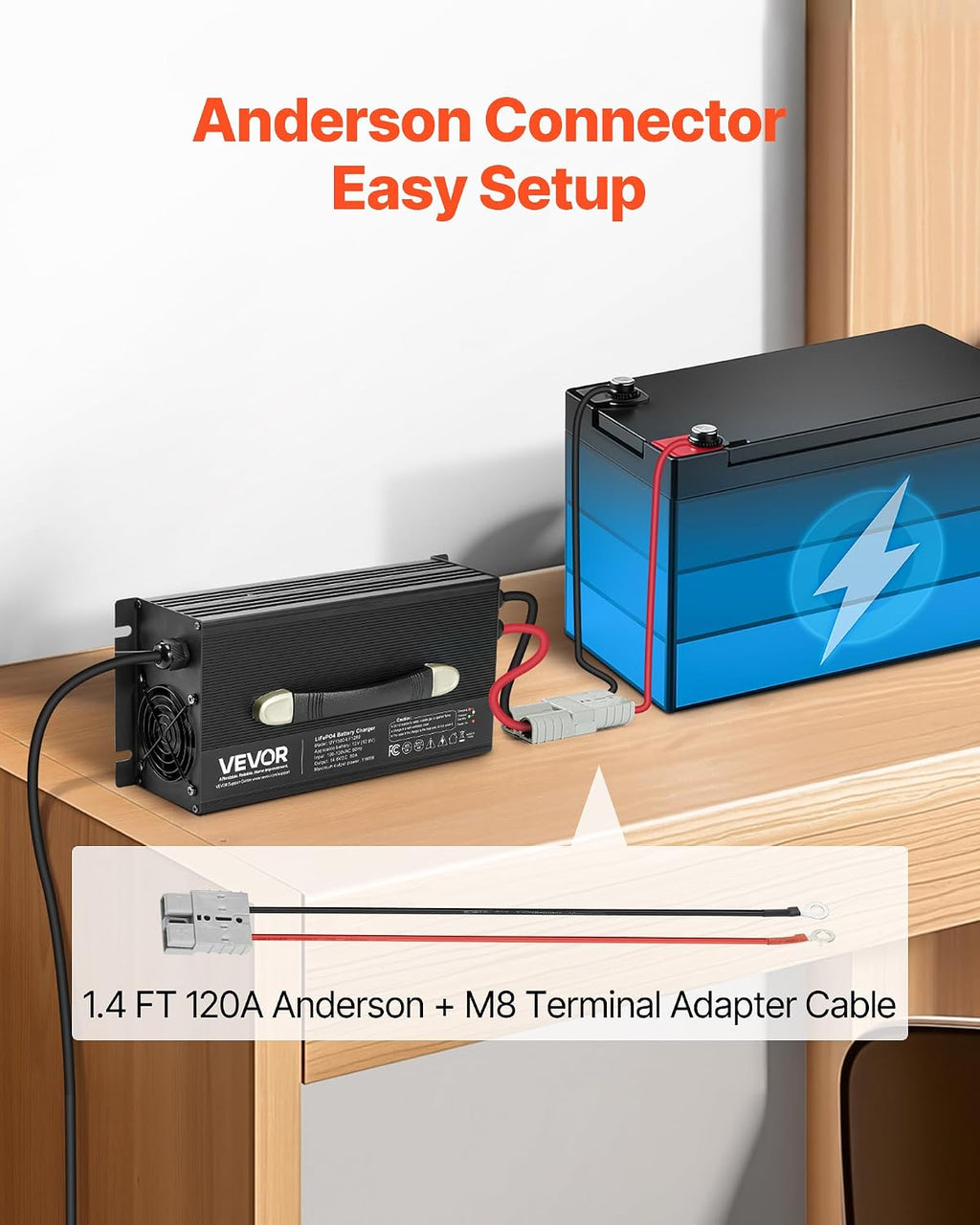 VEVOR 12V 80A Lithium Battery Charger, 14.6V, AC-DC LiFePO4 Smart Charger, with Anderson Connector, LED Indicator, 0V Activation, for Lithium LiFePO4 Deep Cycle Rechargeable Batteries of Boat, RV