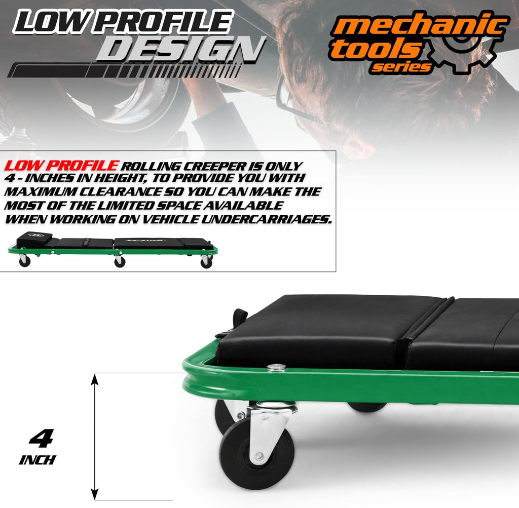 M-AUTO Heavy-Duty Convertible Mechanic Creeper, 48' Padded Adjustable Headrest Roller Garage Chair with 7 Swivel Casters for Washing, Detailing, Maintenance, Green