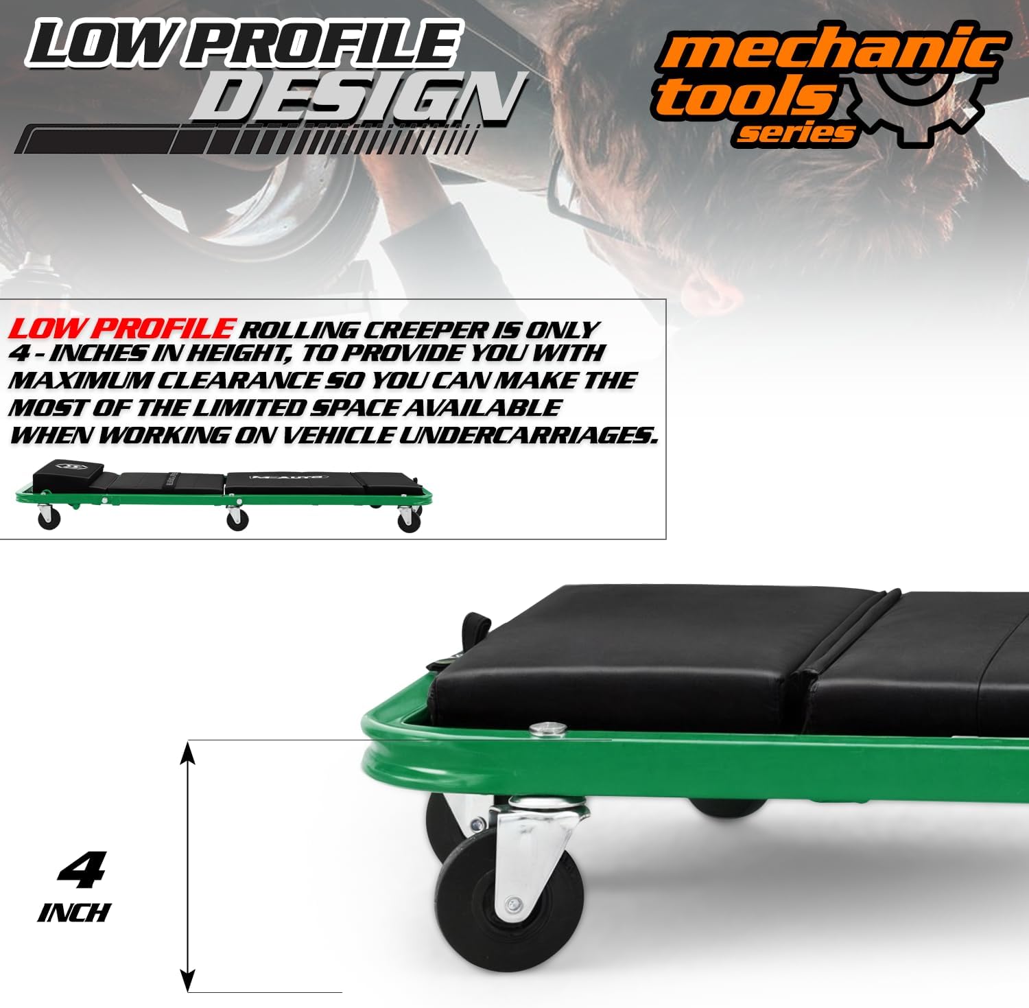 M-AUTO Heavy-Duty Convertible Mechanic Creeper, 48' Padded Adjustable Headrest Roller Garage Chair with 7 Swivel Casters for Washing, Detailing, Maintenance, Green