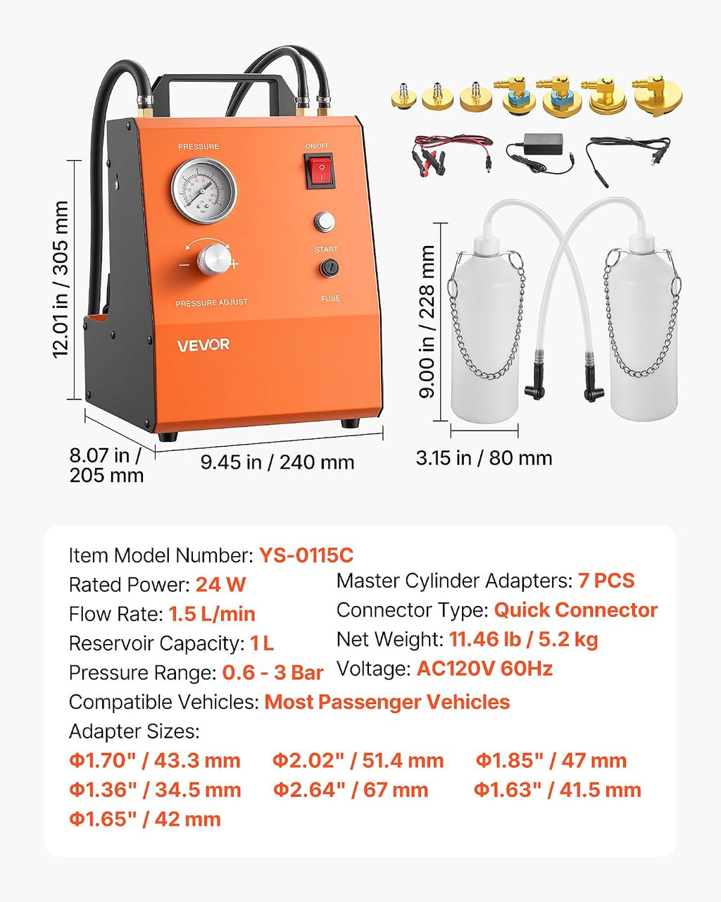 VEVOR Electric Brake Bleeder Kit, 120V Automatic Brake Fluid Bleeding Kit with 7 Master Cylinder Adapters & Dual Power Supplies, 0.6-3 Bar Brake Pressure Bleeder Pump Fits Most Passenger Vehicles