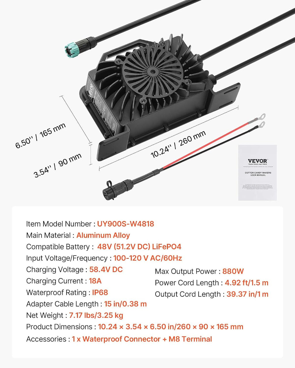 VEVOR 48V 18A Lithium Battery Charger, 58.4V, AC-DC LiFePO4 Smart Charger, with Waterproof Connector, LED Indicator, 0V Activation, for LiFePO4 Deep Cycle Rechargeable Batteries of Boat, RV, IP68