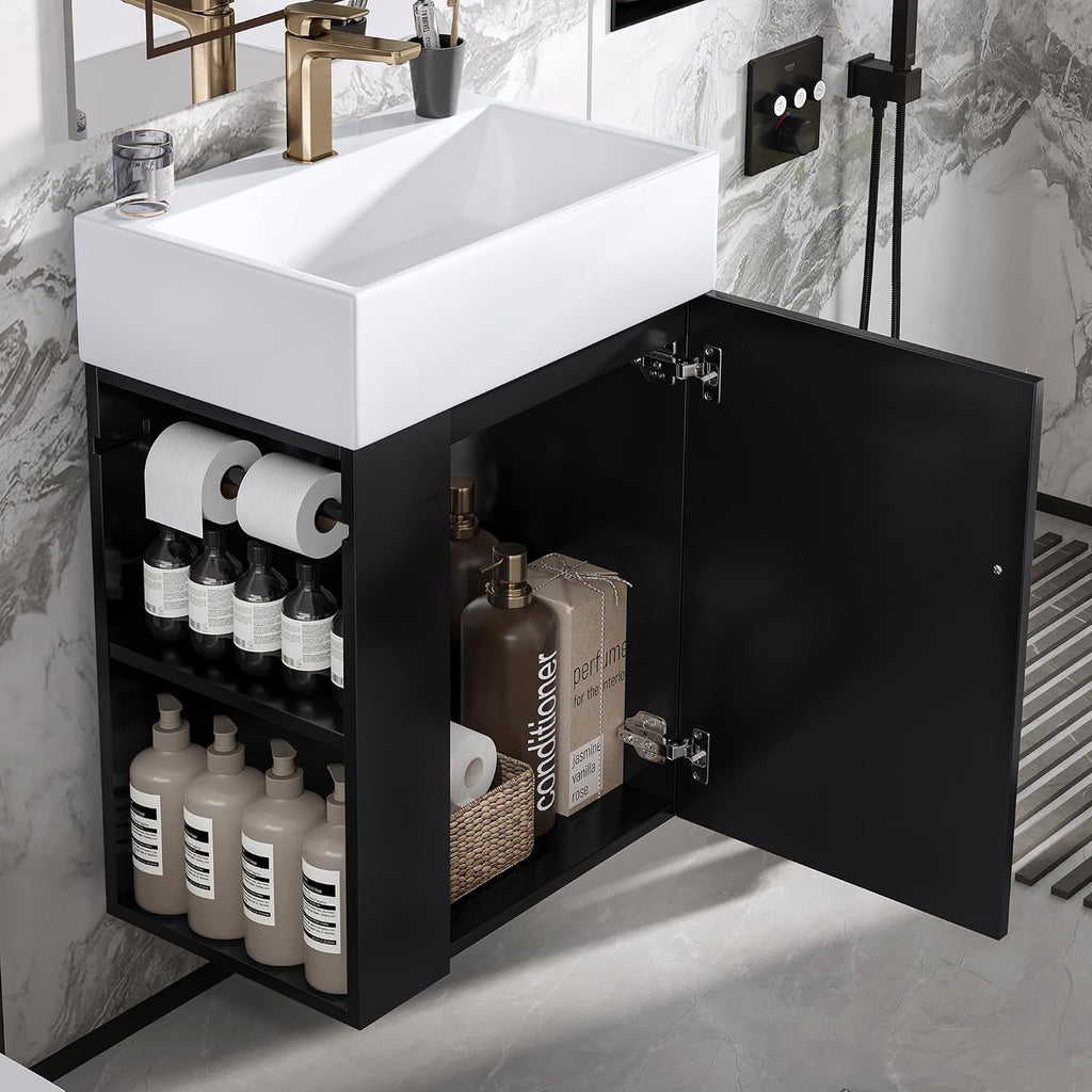 20-inch Bathroom Vanity with Sink Combo, Wall-Mounted Single Storage Cabinet with One Cabinet & Left 2-Tier Storage Shelves, Wooden Vanity with Ceramic Basin for Bathroom, Black