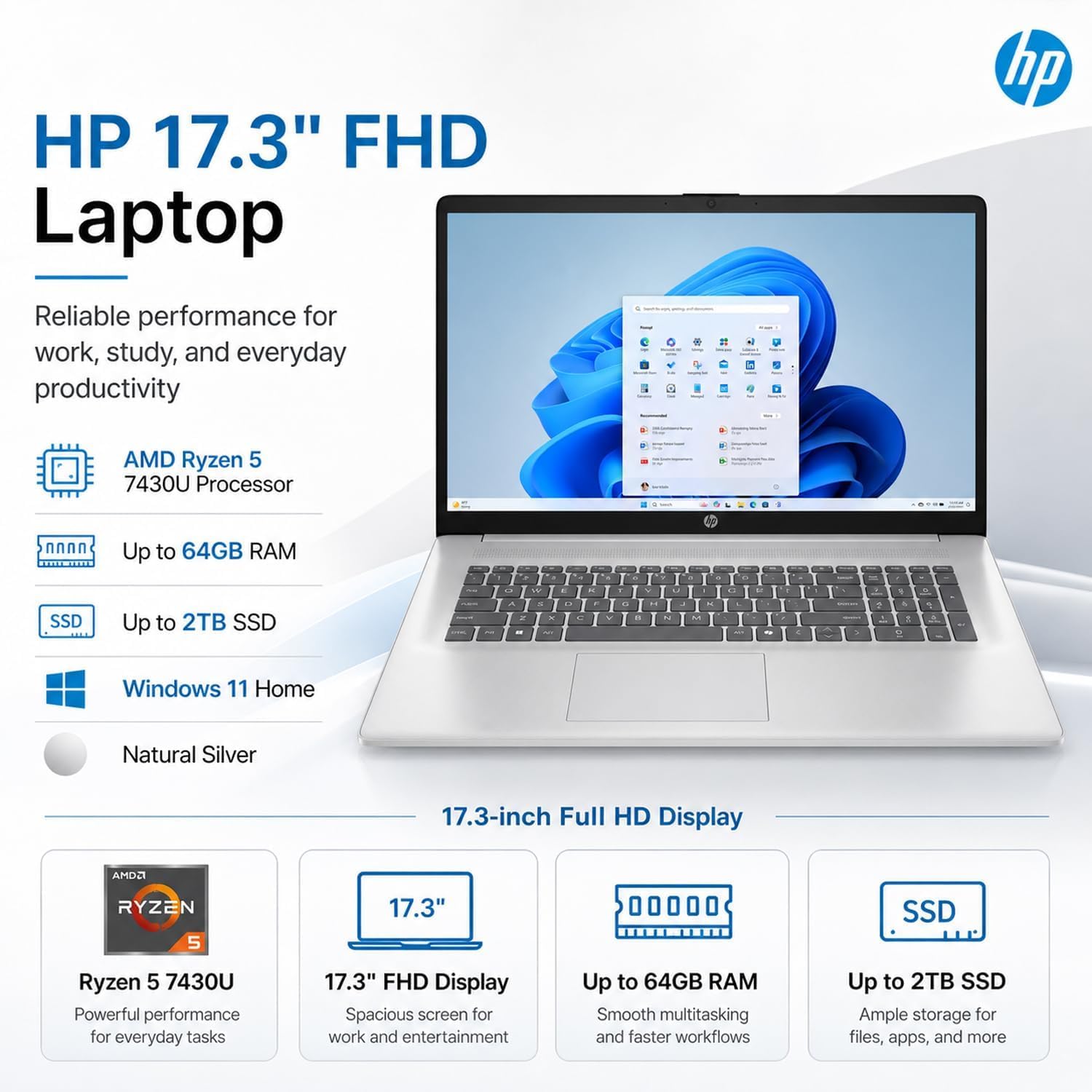 HP New Designed 17.3' FHD Business Laptop(2026/2027Edition), Powerful AMD Ryzen 5 7430U(Beats Core i7-1335U), 32GB RAM, 2TB PCIe, Wi-Fi 6, 14.5-Hour Battery Life, Windows 11 with MS 365 for Web