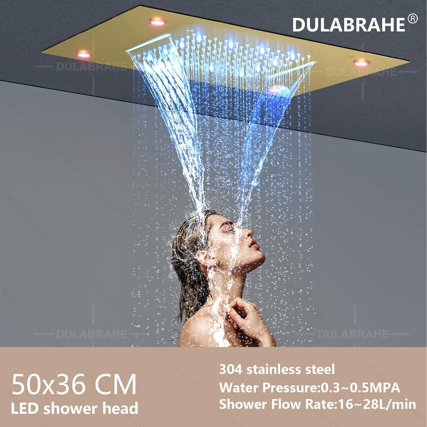 Brushed Gold LED Ceiling Rain Shower Head 14X20 Inch Bathroom Rectangle Embedded Type With Smart LED Lights Control (Waterfall And Rain Shower Head)